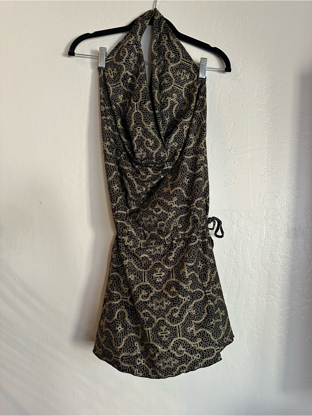 Orage Halter Mini Skirt in Black and Gold Scroll Print